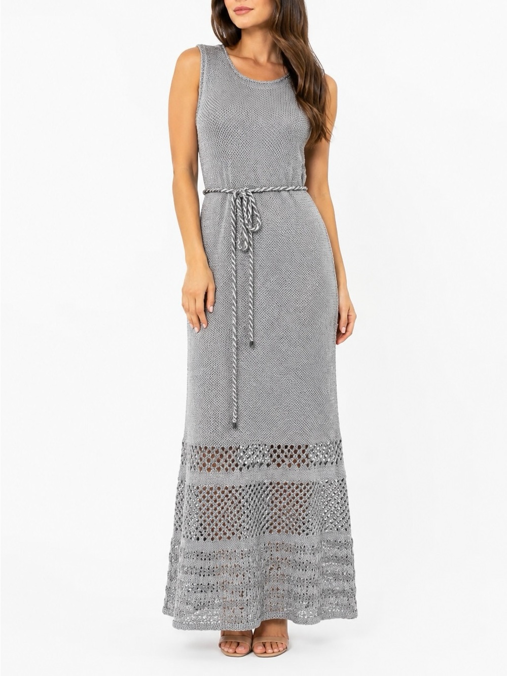 NWT Per Se by Carlisle Gray Knit Maxi Dress Size L Sleeveless Belted